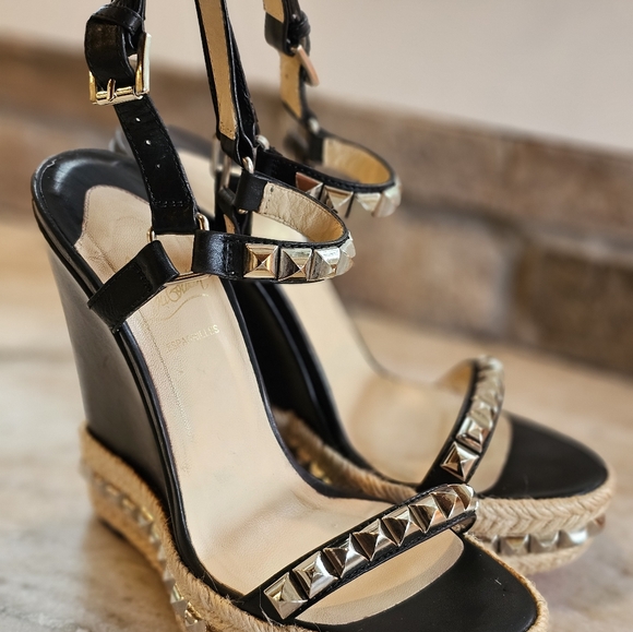 Christian Louboutin Black Leather/Studded Cataclou 140 Espadrille Wedge SZ 40 - Picture 4 of 12